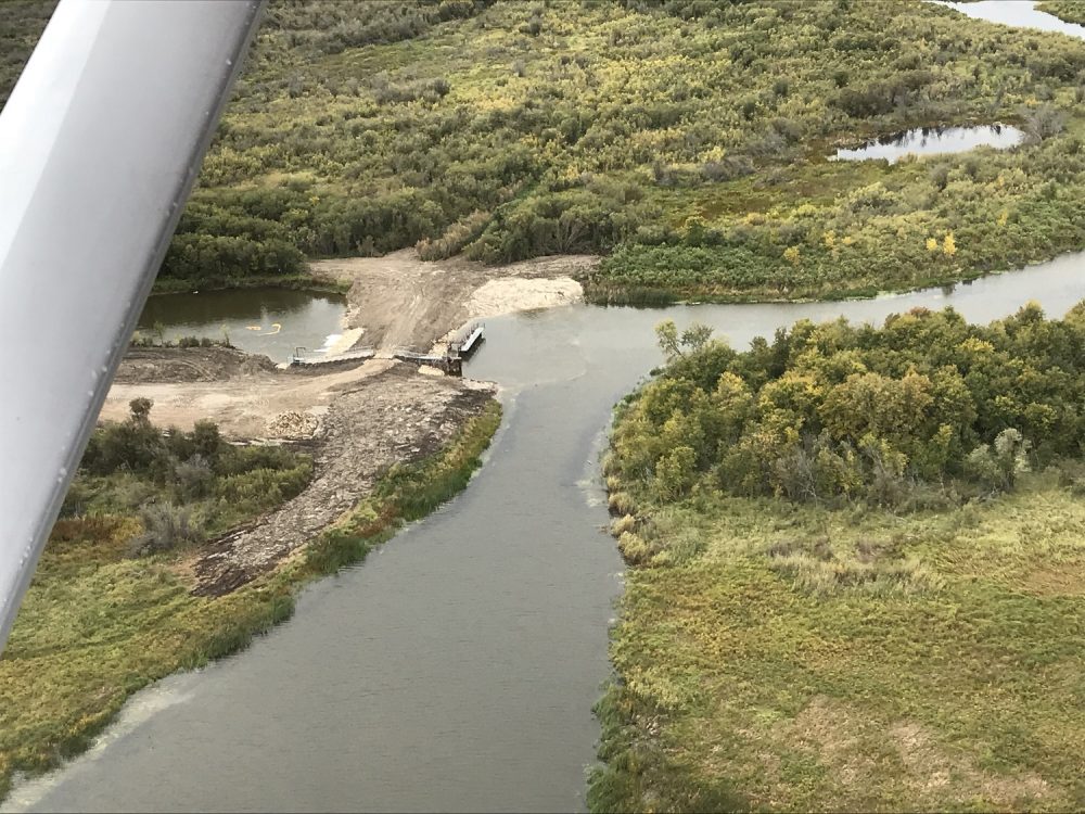 Aerial photo of the South Reader Outlet dam near The Pas.