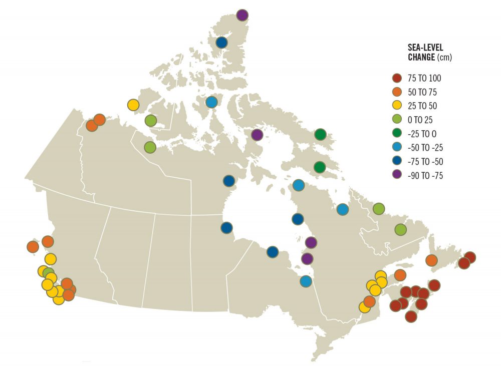 If carbon emissions remain the same, by 2100 sea-level rise will have a major impact in all coastal regions of Canada.