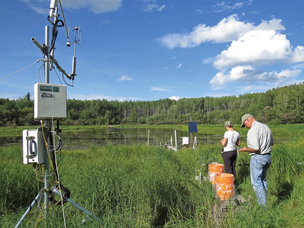 Researchers use an eddy covariance system.
