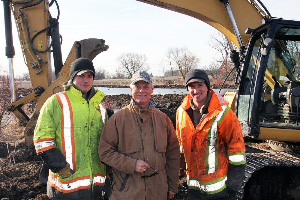 Phil Holst (centre) is pictured with Watts Excavating operators Chad Hill (left) and Nick Sweazey (right). Thanks to the training he received on our project, Chad is also encouraging a third DUC project on our farm. Company owner Steve Watts entered into an additional DUC agreement for his Sweaburg-area property, also in Oxford County.