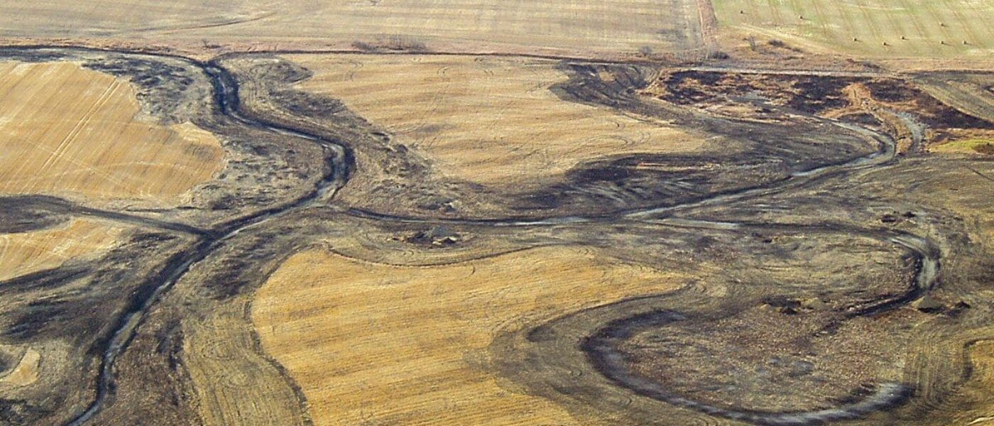 Wetland drainage on agricultural land in the prairies.