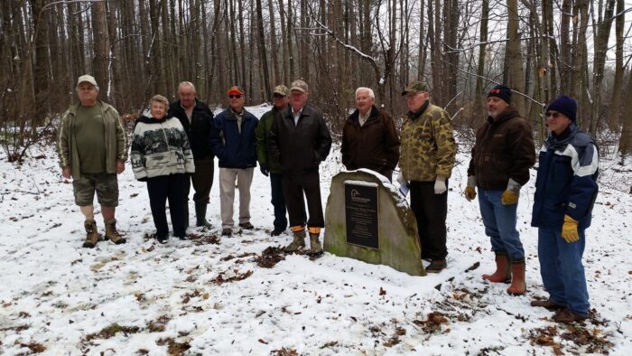Volunteers and partners gathered at Calton Swamp WMA to celebrate the recent completion of the wetland repair. From the left, Mike Manary, Sylvia Brady, Jim Brady, Gary Austin, Kim Black, Duncan Sinclair, Herb Kebbel, Tom Morrisey, Tony Difazio, Chester Glinski. 