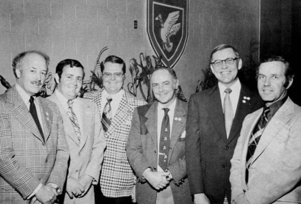 A 1974 photo from the “Tillsonburg News” of Long Point dinner participants and committee members: (left to right) Dr. J. Keith Reynolds, Ontario Ministry of Natural Resources; D. Stewart Morrison, DUC; Jack Rice, Long Point Committee; Hazard Campbell, DU; Dr. Elmer Quintyn, Long Point Committee; and W.H. Charleton, Ontario Ministry of Natural Resources