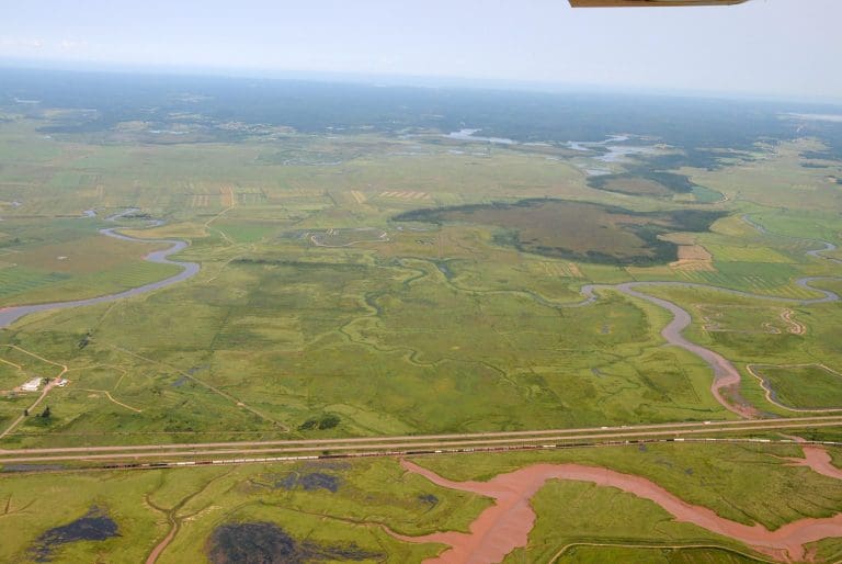 Aerial photo of flat Tantramar marshland.