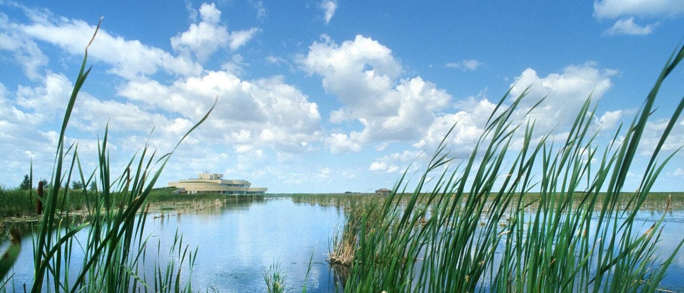 View of the Harry J. Enns Wetland Discovery Centre at Oak Hammock Marsh, Manitoba.