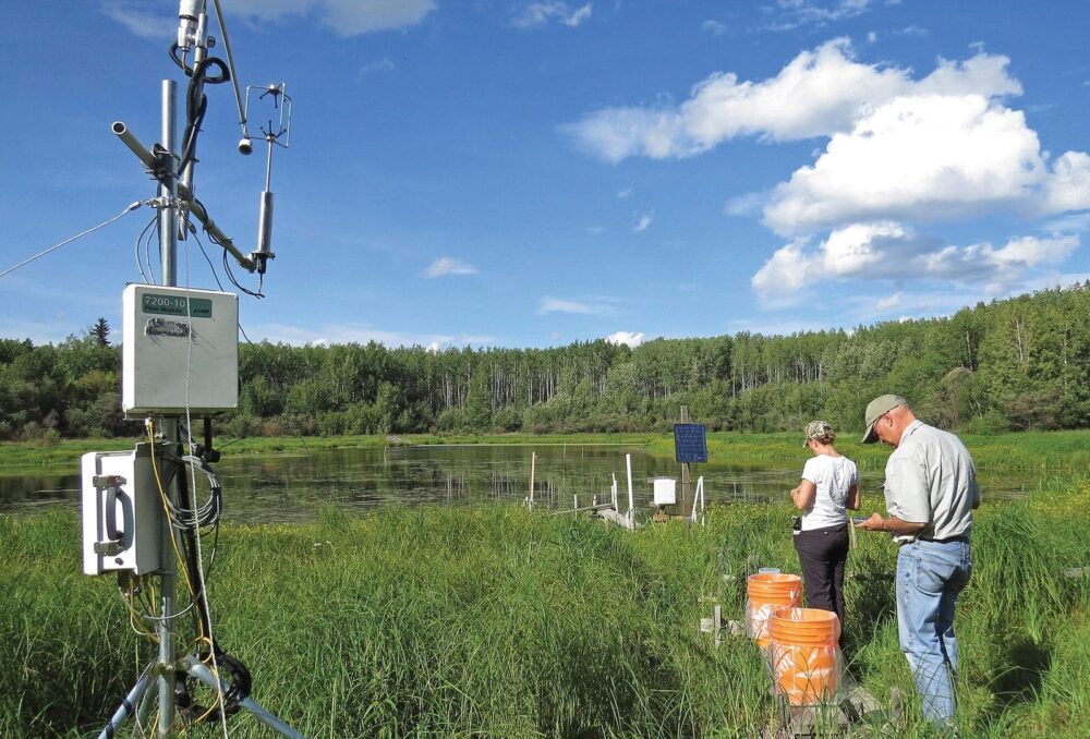 Researchers use an eddy covariance system.