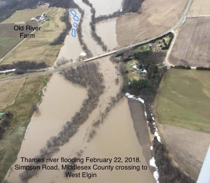 Aeriel view of the 2018 winter flood along the Thames River with the location of the four new ponds marked in blue. 