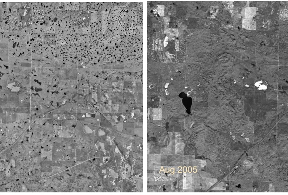 These images from the RM of Morse in the Central Missouri Coteau in Saskatchewan demonstrate dramatic wetland variability over wet (2003, left) and dry (2005, right) cycles in the Canadian prairies. The number of wetlands on the landscape can vary greatly, even over relatively short time frames.