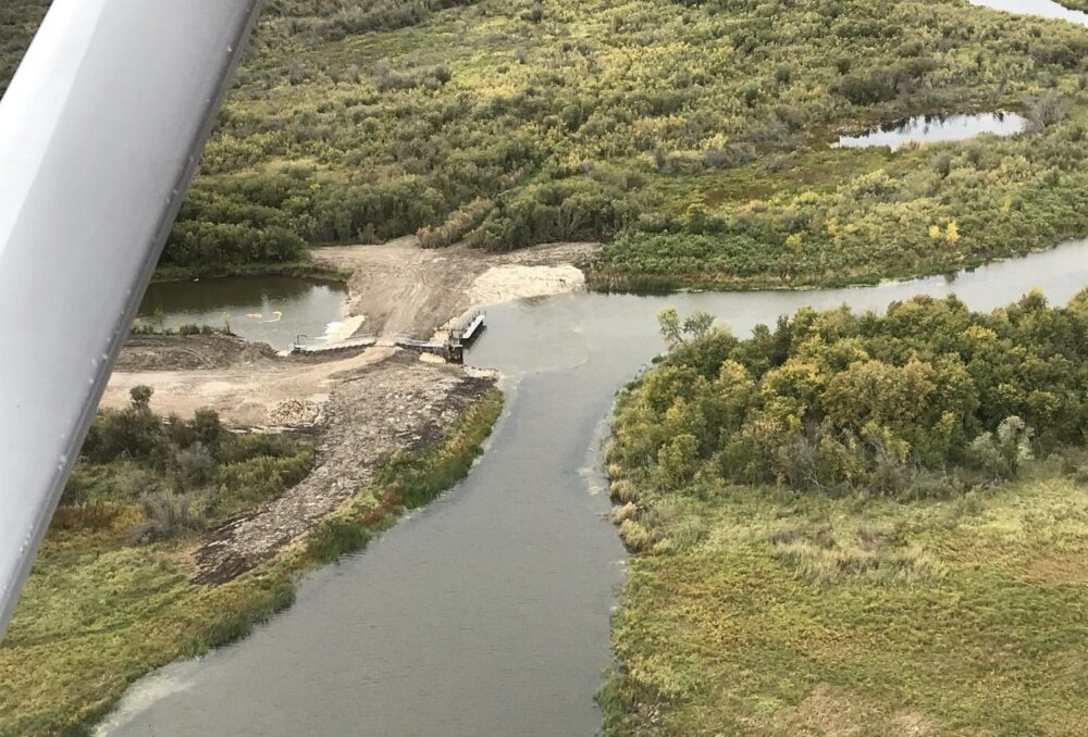 Aerial photo of the South Reader Outlet dam near The Pas.