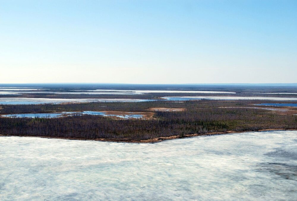 The Peel in June demonstrating just how late ice cover is present on the landscape. The photographed area is a wetland complex in the northeast corner of the Planning Region from the Taiga Plains portion of the watershed where Ducks Unlimited Canada has determined it to be important waterfowl habitat.