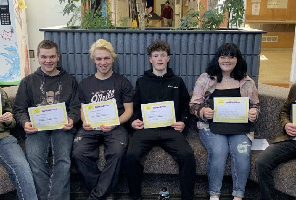 Grade 11 students from Maidstone High School in Maidstone, Sask. receive their Wetland Hero certificates on March 3, 2020. From left to right; Cash Boggust, Kane Staughton, Chantz Legaarden, Trey Nelson, Emma White and Max Prygunov. 