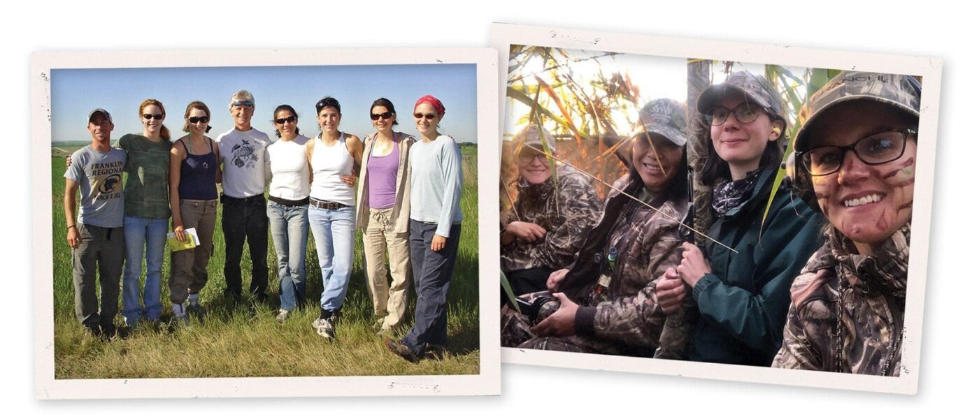 National conservation biologist Lauren Rae (left) and Lauren Bortolotti enjoy a prairie sunrise from a blind with Team Ladyfowlers mentors on a fall goose hunt.