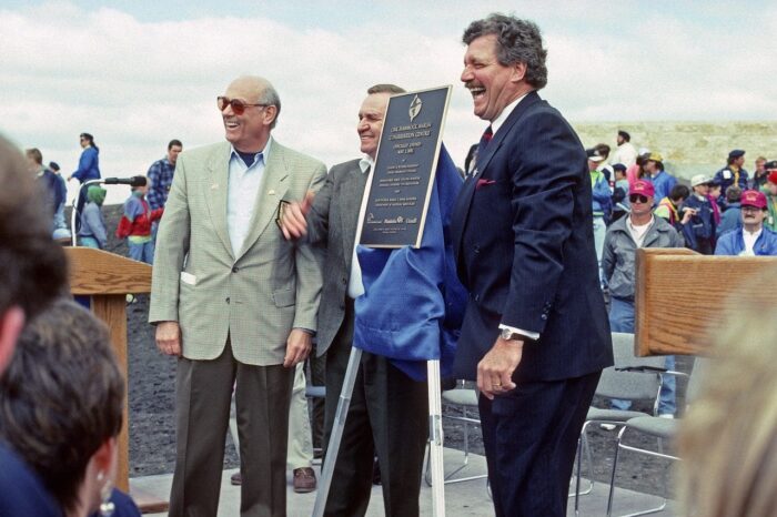 (L-R) DUC President Claude Wilson, Minister of Natural Resources Harry Enns, and Felix Holtmann, M.P. for Portage-Interlake at the official opening of the Oak Hammock Marsh Interpretive Centre on May 1, 1993.