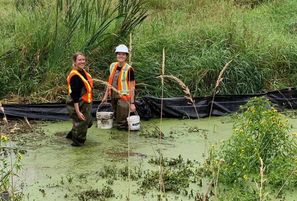 Aleksandra Kepczynska, right, joins former DUC employee Megan Winand on an amphibian salvage earlier this year. 