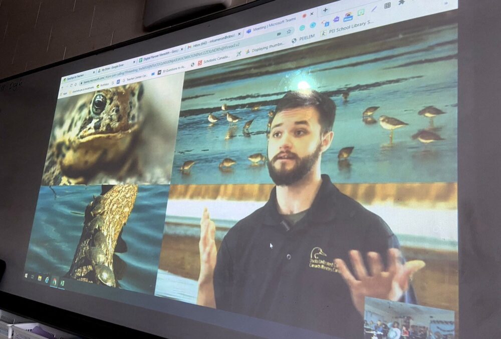 Alexandre Haché delivers an engaging virtual presentation on wetlands to a classroom of Grade 4 students in P.E.I. DUC is harnessing technology to deliver wetland education to more students.