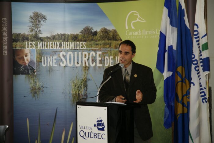 Bernard Filion makes one of many presentations on the value of Quebec wetlands and to urge support for their conservation.