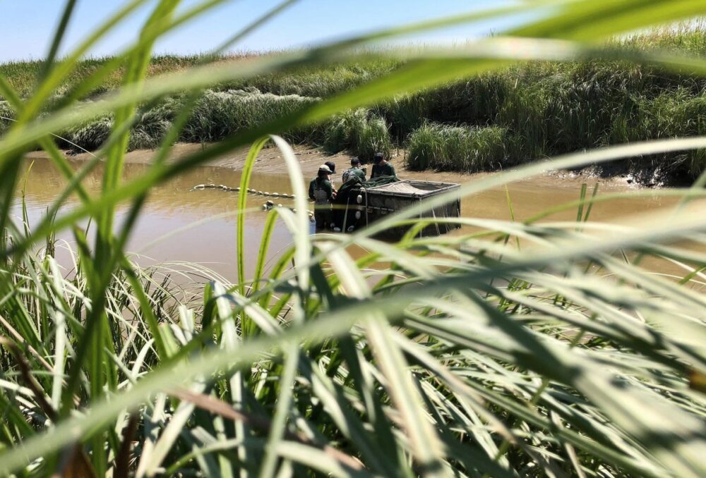 Tosh Sutherland and the rest of the Salmon Restoration crew set up for fish sampling in the South Arm Marshes near the Graurer project.