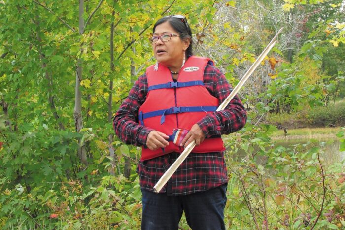 Cecelia Brooks, the Water Grandmother at the Canadian Rivers Institute, the Water Grandmother at the Canadian Rivers Institute, shares her ancestors’ wild rice harvesting methods in October 2020 at a DUC-restored wetland along the Wolastoq. Rice harvest by local First Nations is a practice that was limited by land restriction for decades. Now, communities are reestablishing the annual tradition. 