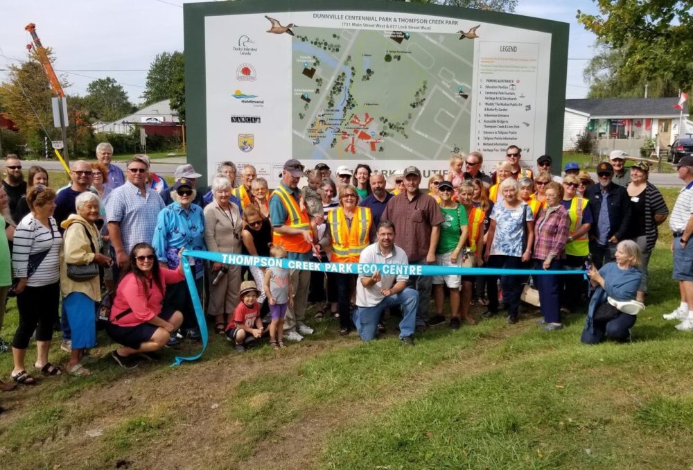 Community supporters in Dunnville, including DUC staff, gathered in 2019 to celebrate habitat preservation and new interpretive signage along Thompson Creek. More improvements were underway in September 2021 to enhance the Thompson Creek wetland and fishway habitats. 