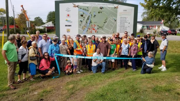 Dunnville community supporters, including DUC staff, gathered in 2019 to celebrate habitat preservation and new interpretive signage along Thompson Creek.