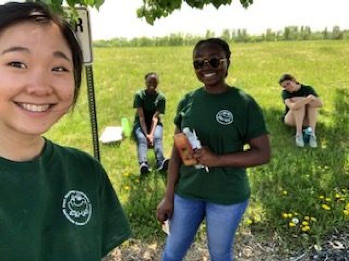 Joyce Ji (left) and her classmates prepare for a wetland field trip at Kelburn Farms