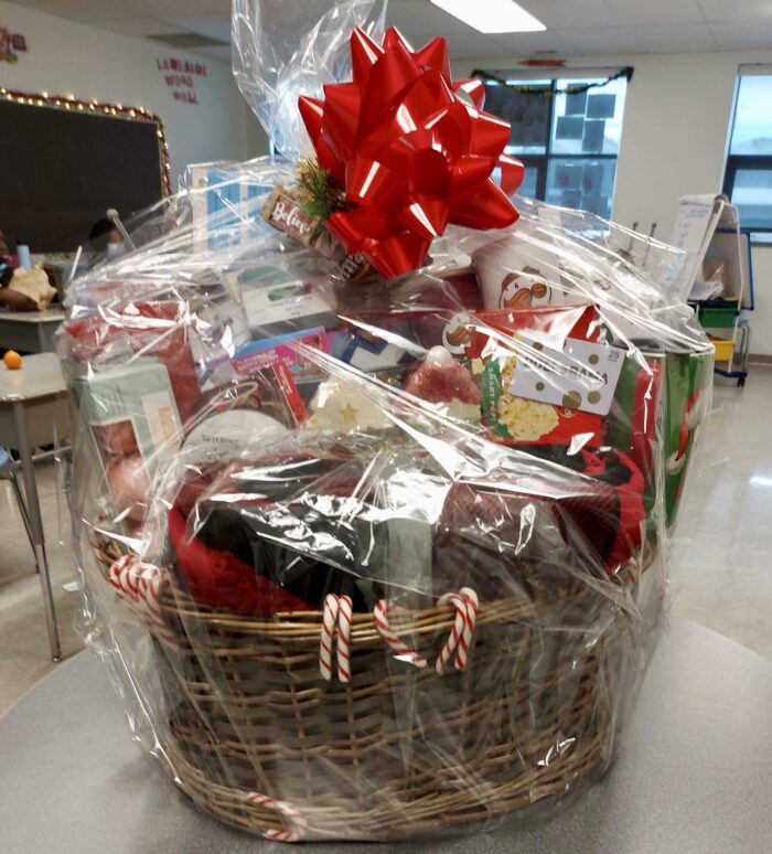 Students donated games and holiday treats for the raffle basket