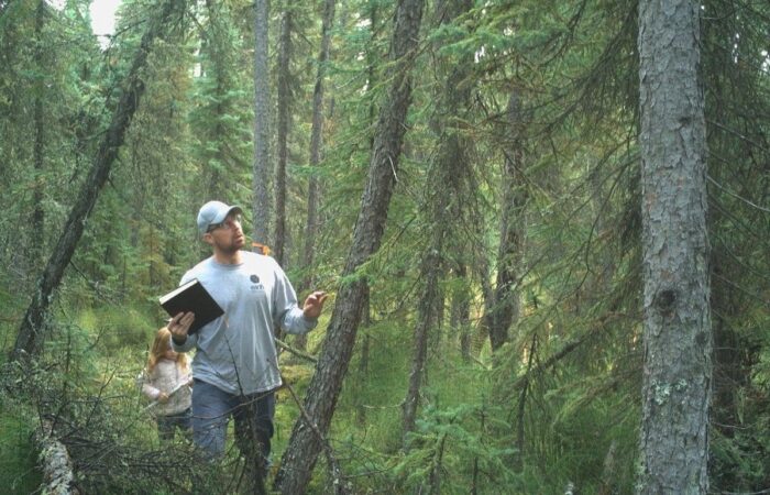 Captured in their element, Sean Hoegy and daughter Amelia gather environmental data from Alberta boreal habitats.