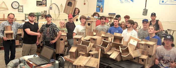 John Willetts (left) receiving bird and bat boxes constructed by students at Saugeen District Senior School with wood provided by Southampton RONA. Sandy Lindsay wrote about this achievement in the Saugeen Times (link in story). 