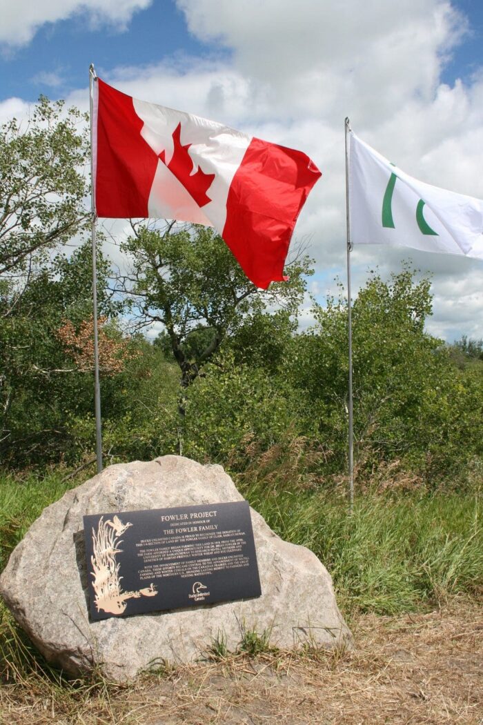 The Fowler Project plaque shares the story of how the Fowler family and their land have brought lasting benefit to waterfowl and wildlife.