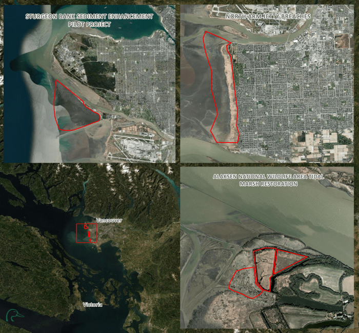 Locations of the 3 FRESH projects in the Fraser River Estuary