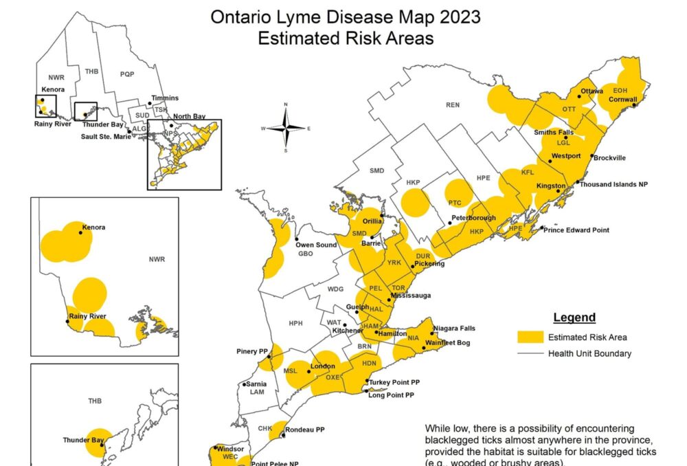 Public Health Ontario map shows the areas at risk of Lyme Disease in Ontario.