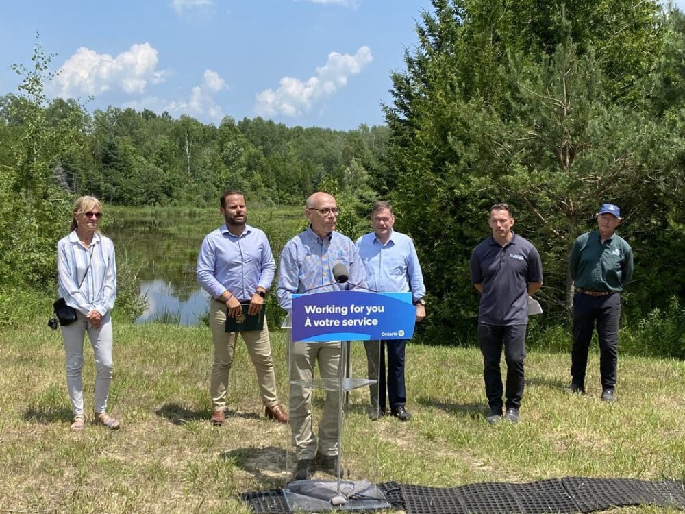 Michael Nadler, CEO of Ducks Unlimited Canada, addresses the crowd at the Nonquon Wildlife Area near Port Perry. Pictured in the background from left to right are Wilma Wotten, Mayor, Township of Scugog, Hon. David Piccini, Minister of the Environment, Conservation and Parks, Todd J. McCarthy, MPP, Durham, John MacKenzie CEO, Toronto and Region Conservation Authority, Mark Stabb, NCC Program Director for Central Ontario East.