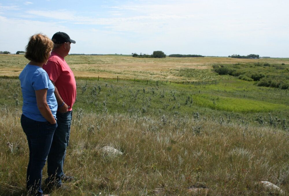 Russell and Raelene Herold view part of the grassland habitat conserved in memory of their son, Adam.