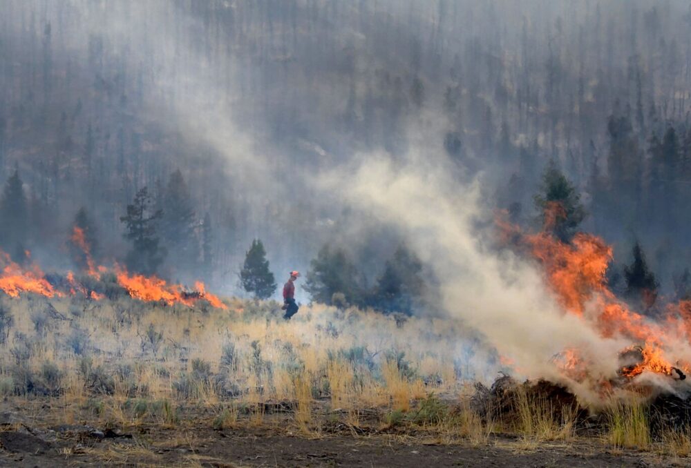 Fire suppression efforts at the 2021 Tremont Creek fire in south-central British Columbia. 