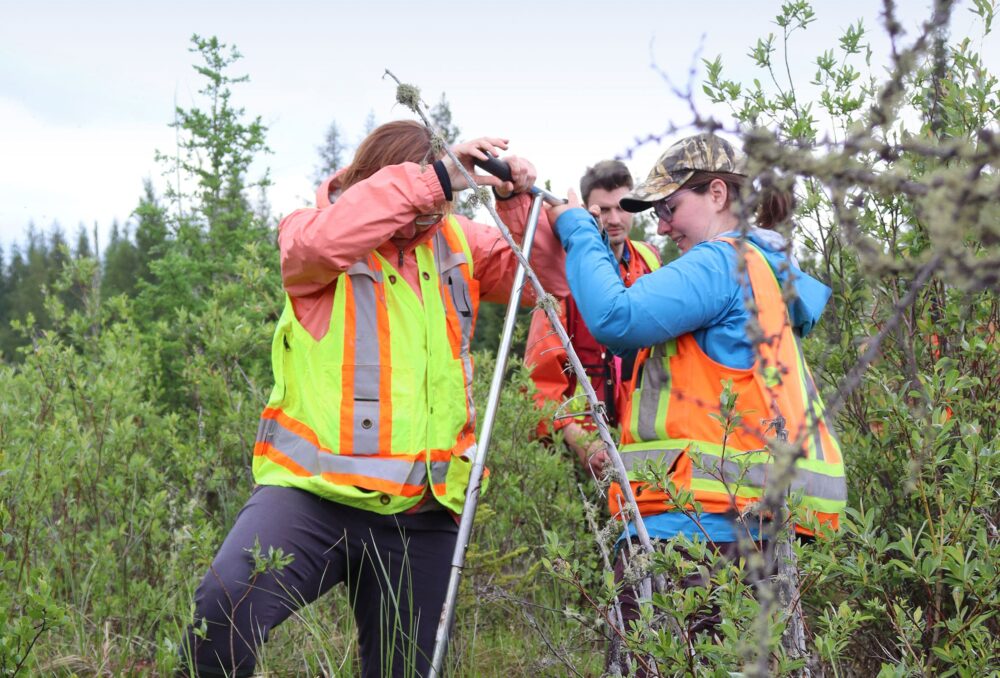 Kristyn Mayner (blue jacket) and a colleague use an auger to demonstrate peat depth in northern Alberta. 