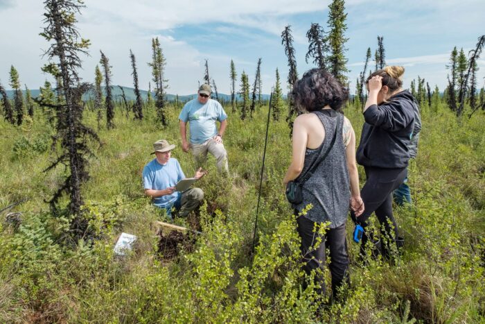 DUC’s Mark Kornder (far left), with Jamie Kenyon (behind) discuss wetland characteristics with Tr’ondek Hwech’in youth in a fen in the Indian River valley southeast of Dawson City, Yukon. 