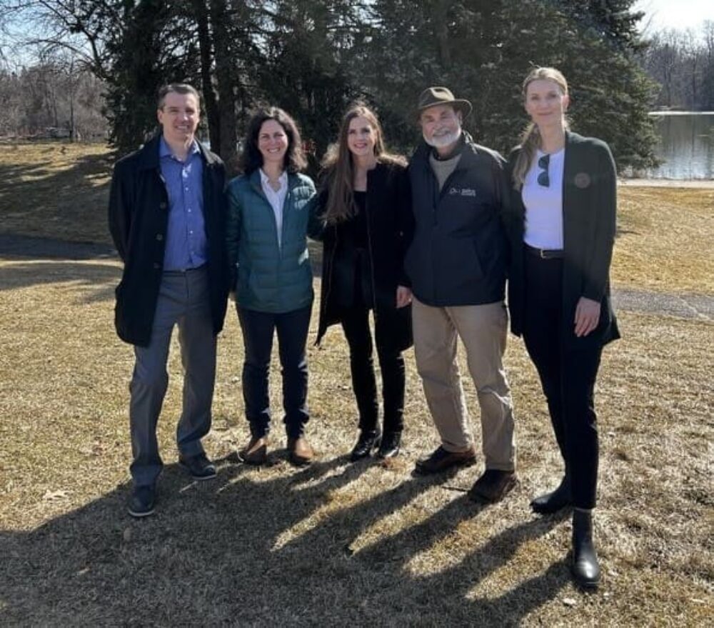 Members of the DUC Ontario team were on hand for the Ministry of Environment, Conservation and Parks 2024 funding announcement at Loafers Lake in Brampton Monday, March 4. Here, the DUC team poses with the Minister. From left:  Sean Rootham, provincial policy specialist, DUC, Marie-Paule Godin, manager of provincial operations, DUC, Andrea Khanjin, Minister of the Environment, Conservation and Parks, Greg Weeks, board member, DUC, and Jessica Whyte, conservation program specialist, DUC.