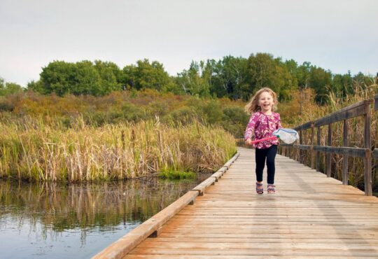Little girl running down wetland board walk holding a bug net