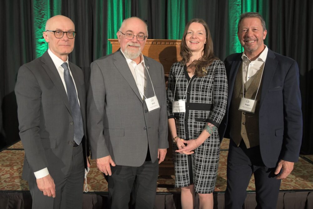 Left to right:  Ducks Unlimited Canada CEO Michael Nadler, historian Gordon Goldsborough, Minister of Environment and Climate Change Hon. Tracy Schmidt, Ducks Unlimited Canada president Roger d'Eschambault.