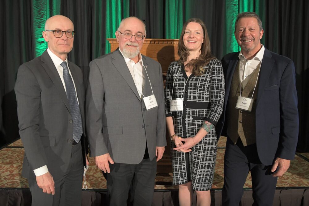 Left to right:  Ducks Unlimited Canada CEO Michael Nadler, historian Gordon Goldsborough, Minister of Environment and Climate Change Hon. Tracy Schmidt, Ducks Unlimited Canada president Roger d'Eschambault.