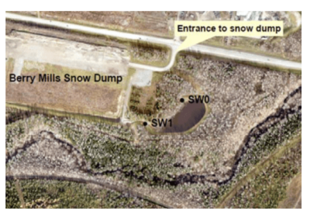 Aerial view of sampling sites at the City of Moncton's Berry Mills snow dump facility. Inlet - SW1 (inflow from snow dump); Outlet - SW0 (outlet of the wetland)