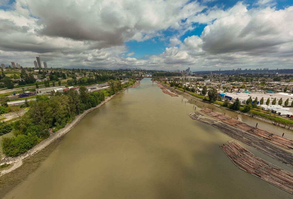 An aerial view of the Fraser River before it meets the Pacific Ocean.