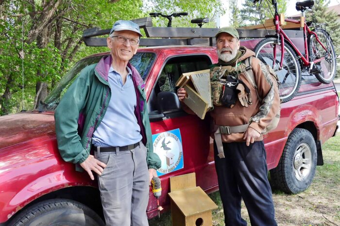 Patrick Lang (left) and Mark Lussier (right) are devoted to the conservation of birds under the name “Prairie Wings,” constructing nest boxes in Manitoba for tree and barn swallows, among other birds. 