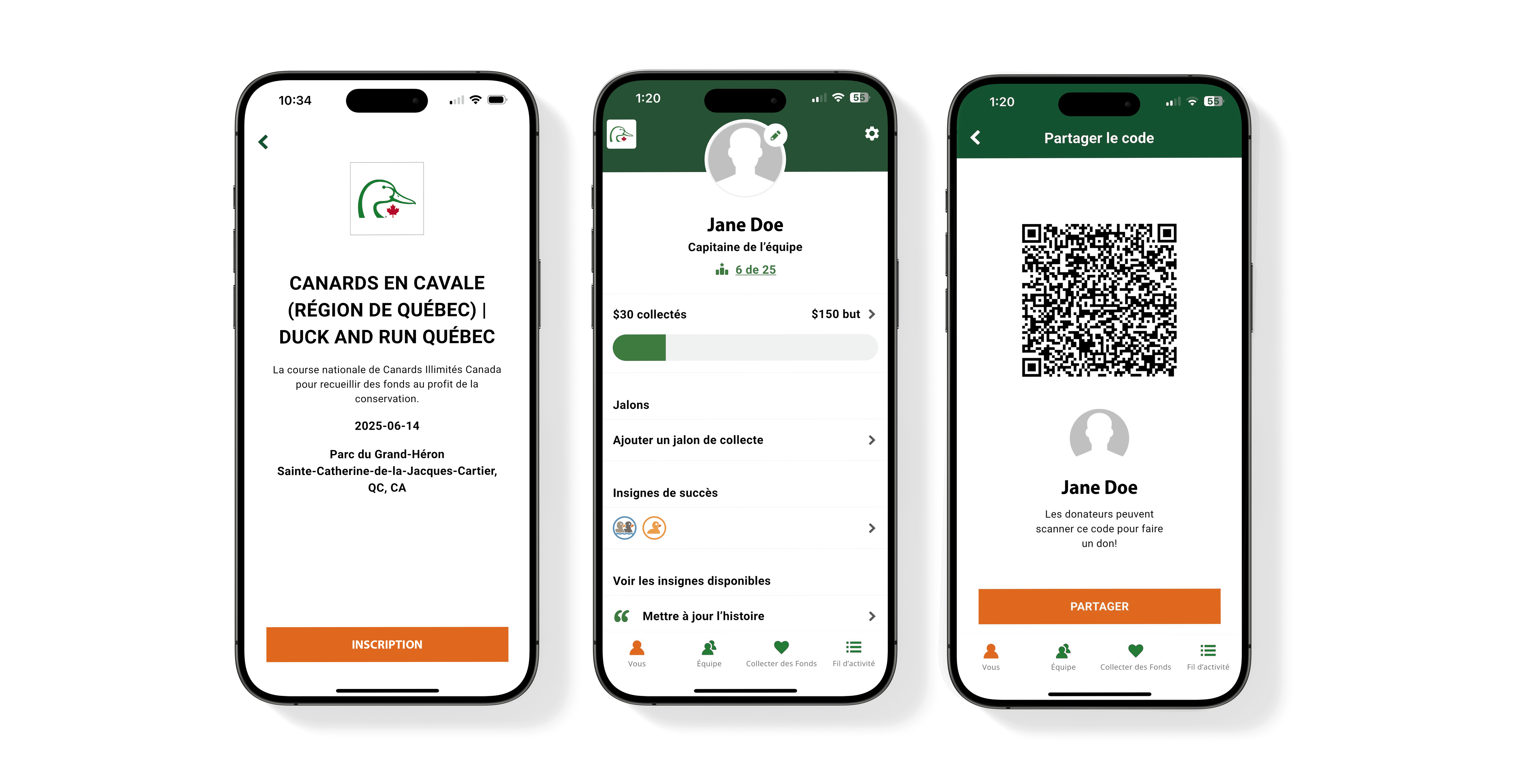 Screenshots of the DonorDrive mobile app for a Duck and Run participant