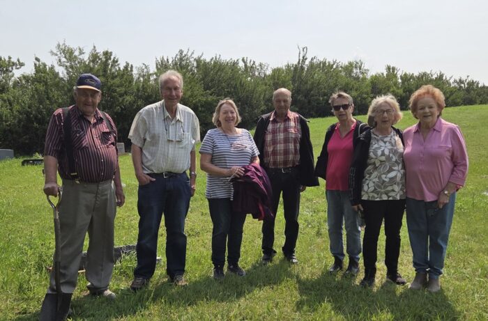 Those attending Raymond’s memorial service (left to right): brothers Rene and Dale Pulkinen, Irma Browning, Edwin Pajunen, Esther Henderson, Elaine Pajunen, and Raymond’s widow, Harriet Pulkinen. 