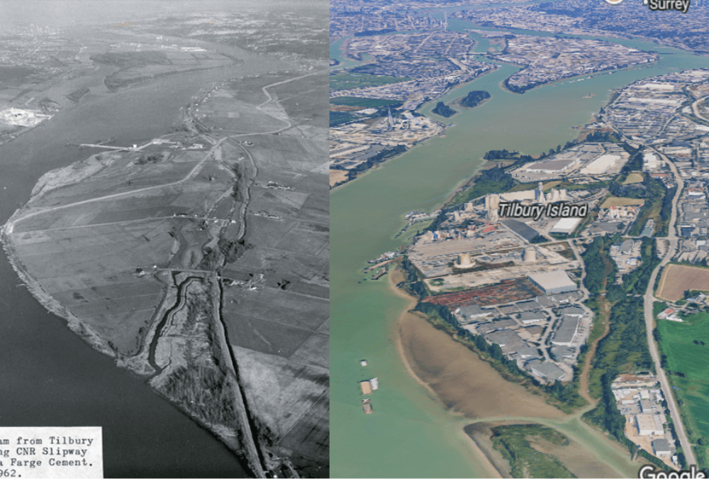 These side-by-side images of Tilbury Island in Metro Vancouver in 1962 (left), and again in 2025 (right), show noticeable urban and industrial expansion and a new deposition zone at the bottom centre of the recent (right) image, where river sediment has naturally built up over time.