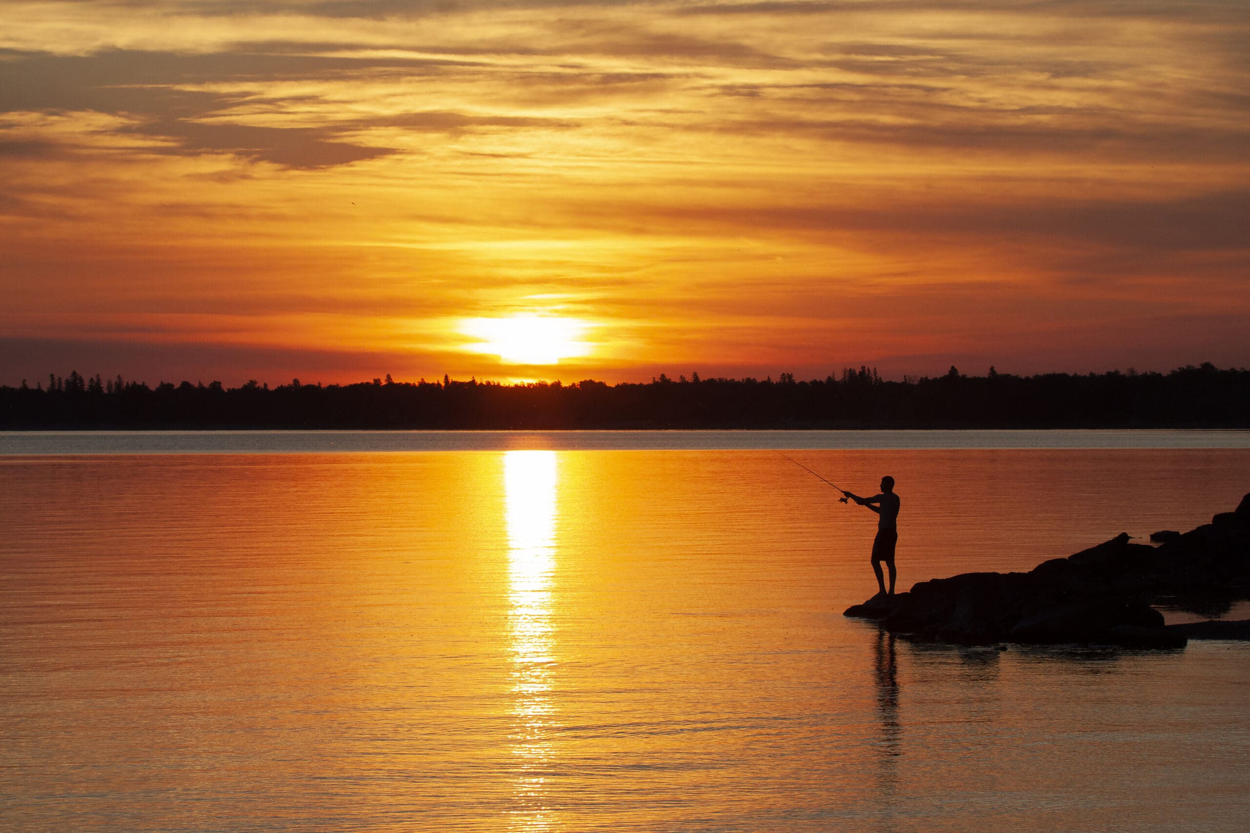 A person fishing from shore at sunset.