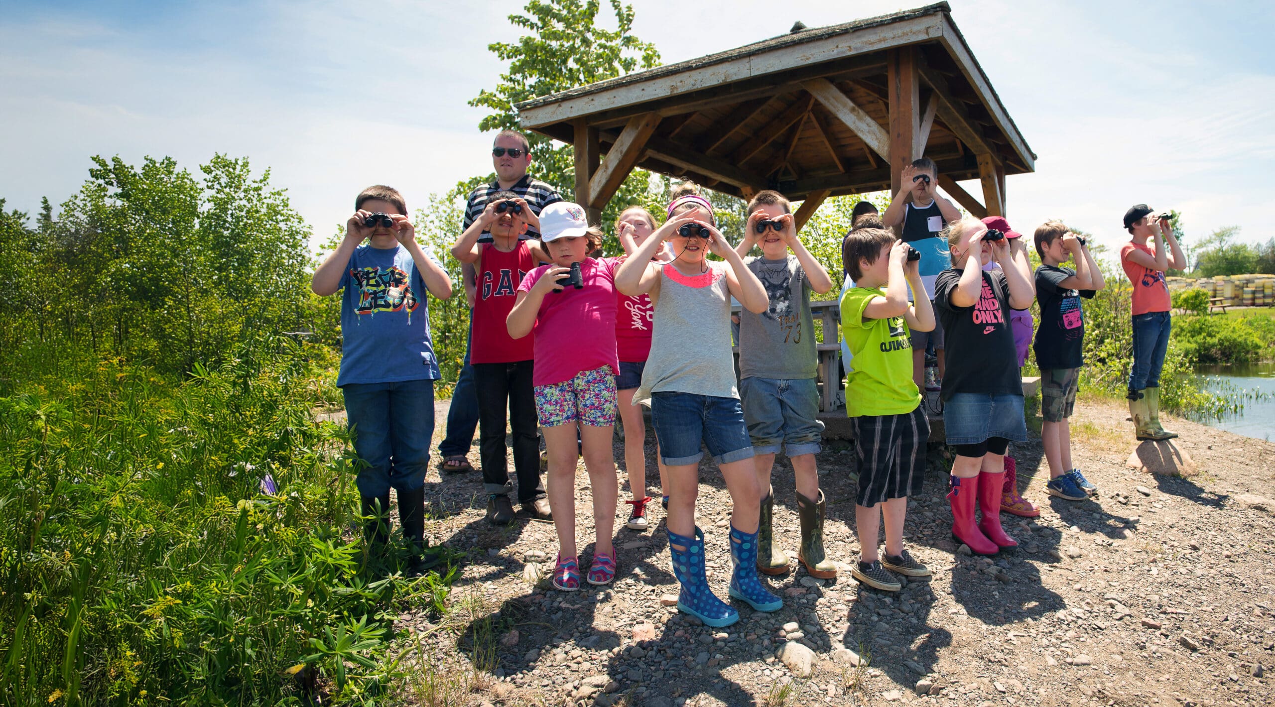 A group of students looking through binoculars