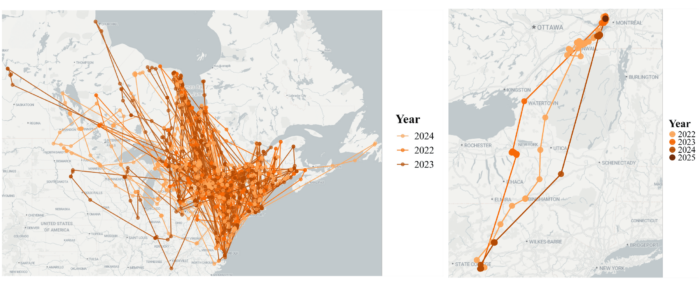 Left: Launched in 2021, the Atlantic Flyway Migration Project follows mallard hens, marked across 14 states and three provinces, wherever they travel using GPS acceleration tracking devices to paint a clearer picture of the birds’ behaviour, including annual fall migration patterns like these. Right: The fall migratory path over three years of Mallard 214690, a tagged hen, showed remarkable consistency.