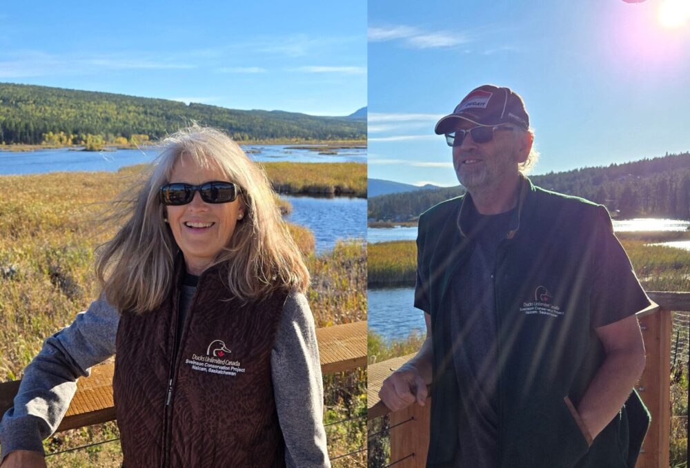 Wherever they go, their vests go, too: While travelling and camping in B.C. recently, Darwin and Jean packed their vests and even wore them while touring DUC wetland projects, like the one pictured here.